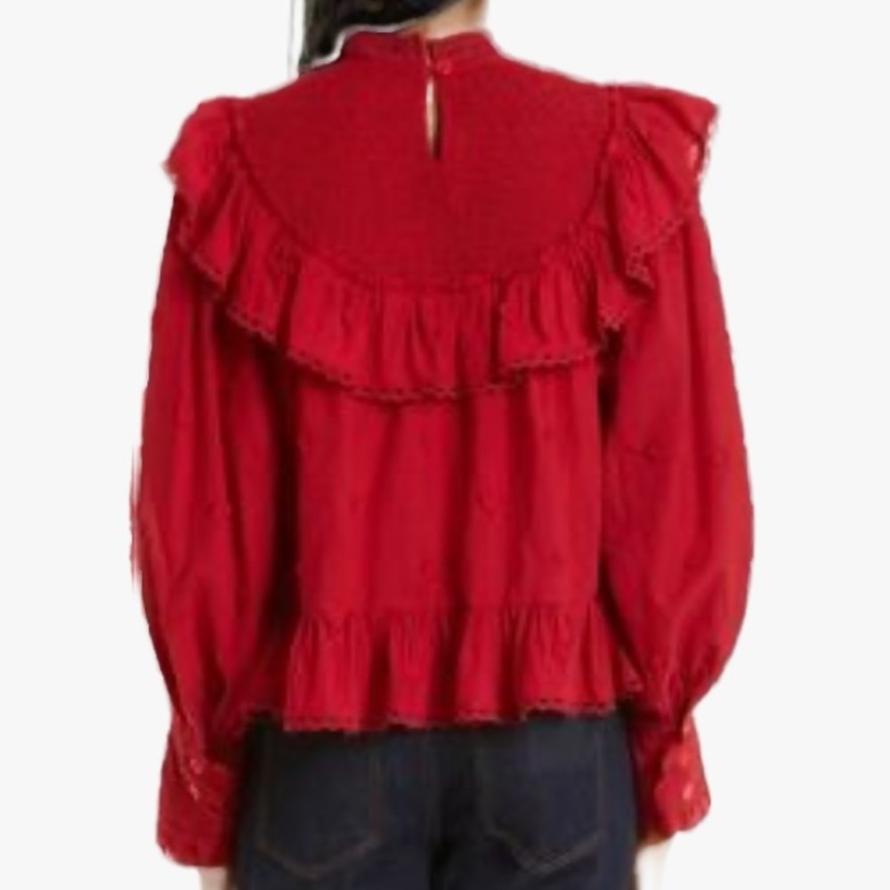 FARM Rio Red Ruffled High-Neck Blouse - Picture 3 of 12